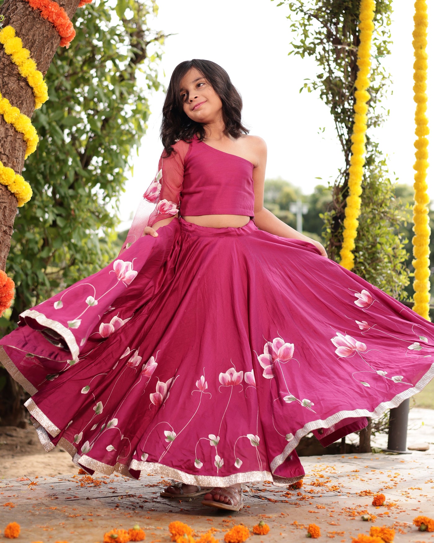 Giggle Magenta Handpainted Chanderi Lehenga Set