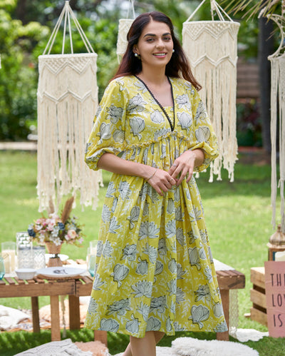 Zenith Yellow Printed Cotton Dress