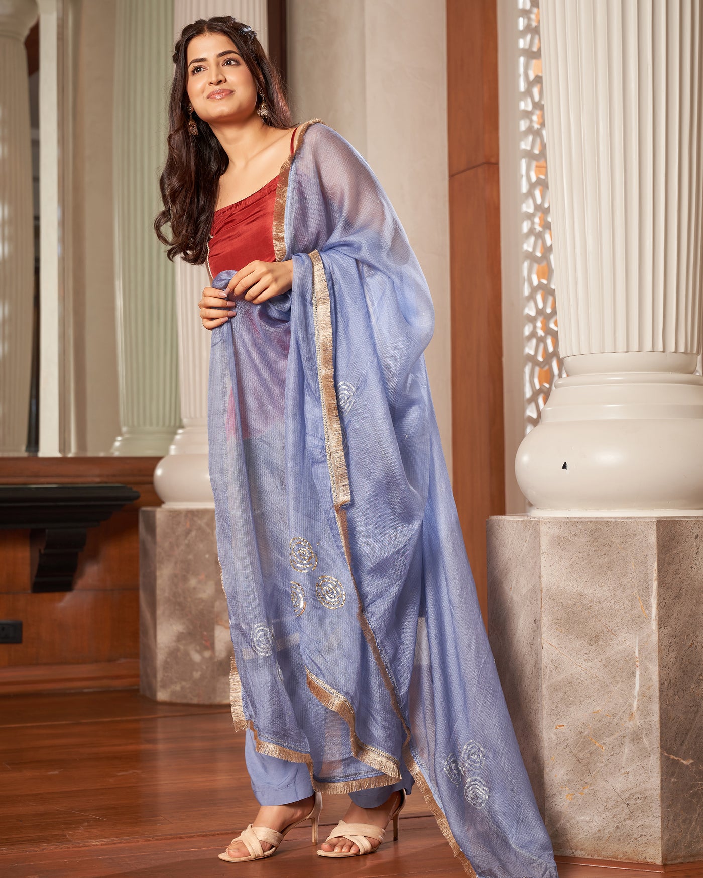 Kajari Marron Blue Tie-Dye Chanderi Suit Set