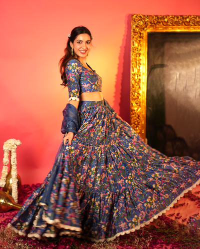 Neelam Blue Printed Chanderi Lehenga Set