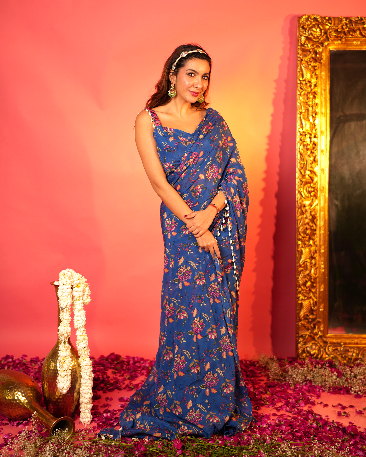 Shruti Blue Printed Chinon Pre-draped Saree