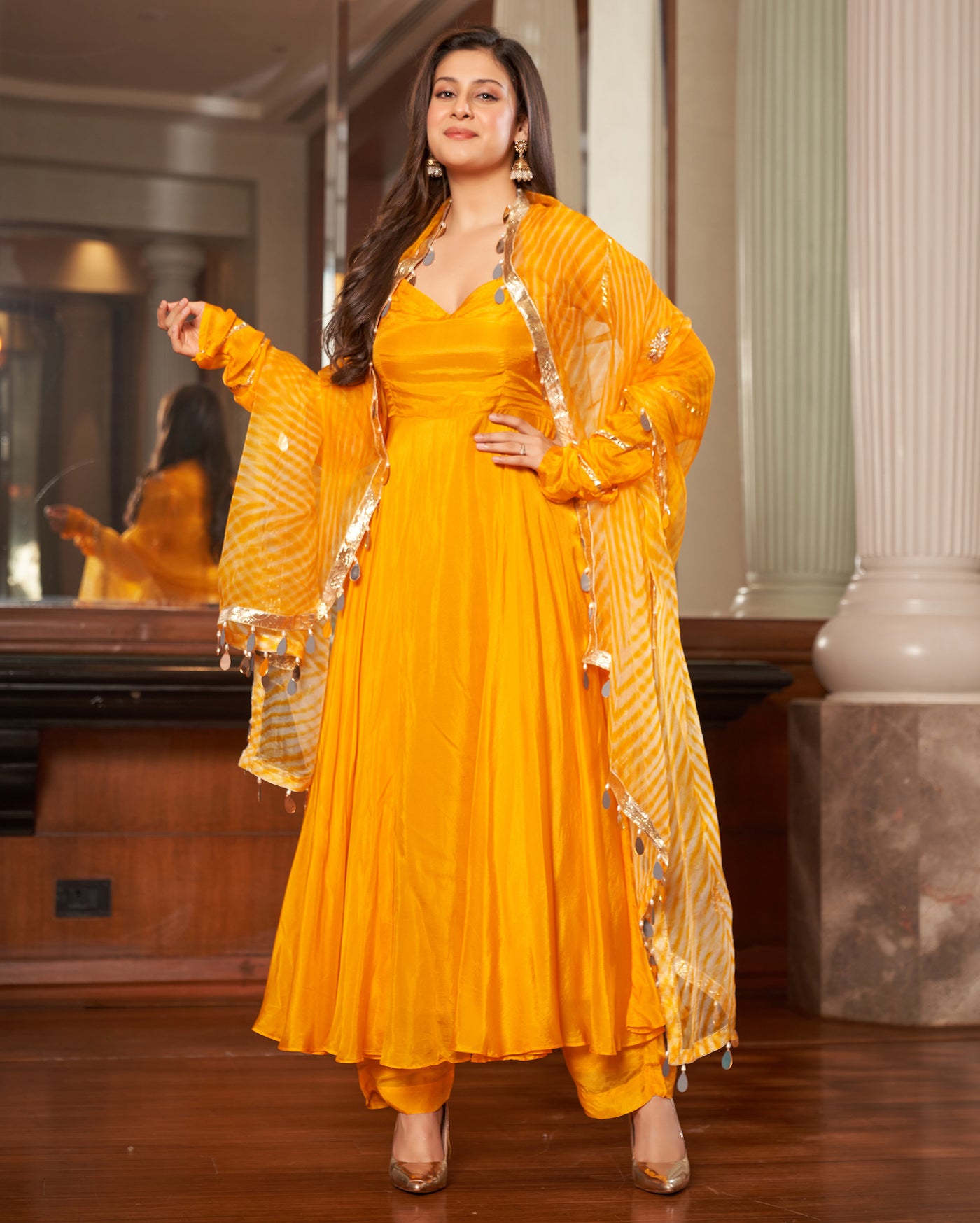 Avittam Mustard Yellow Leheriya Silk Suit Set