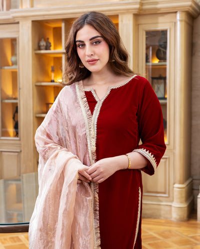 Raha Red Solid Velvet Suit Set