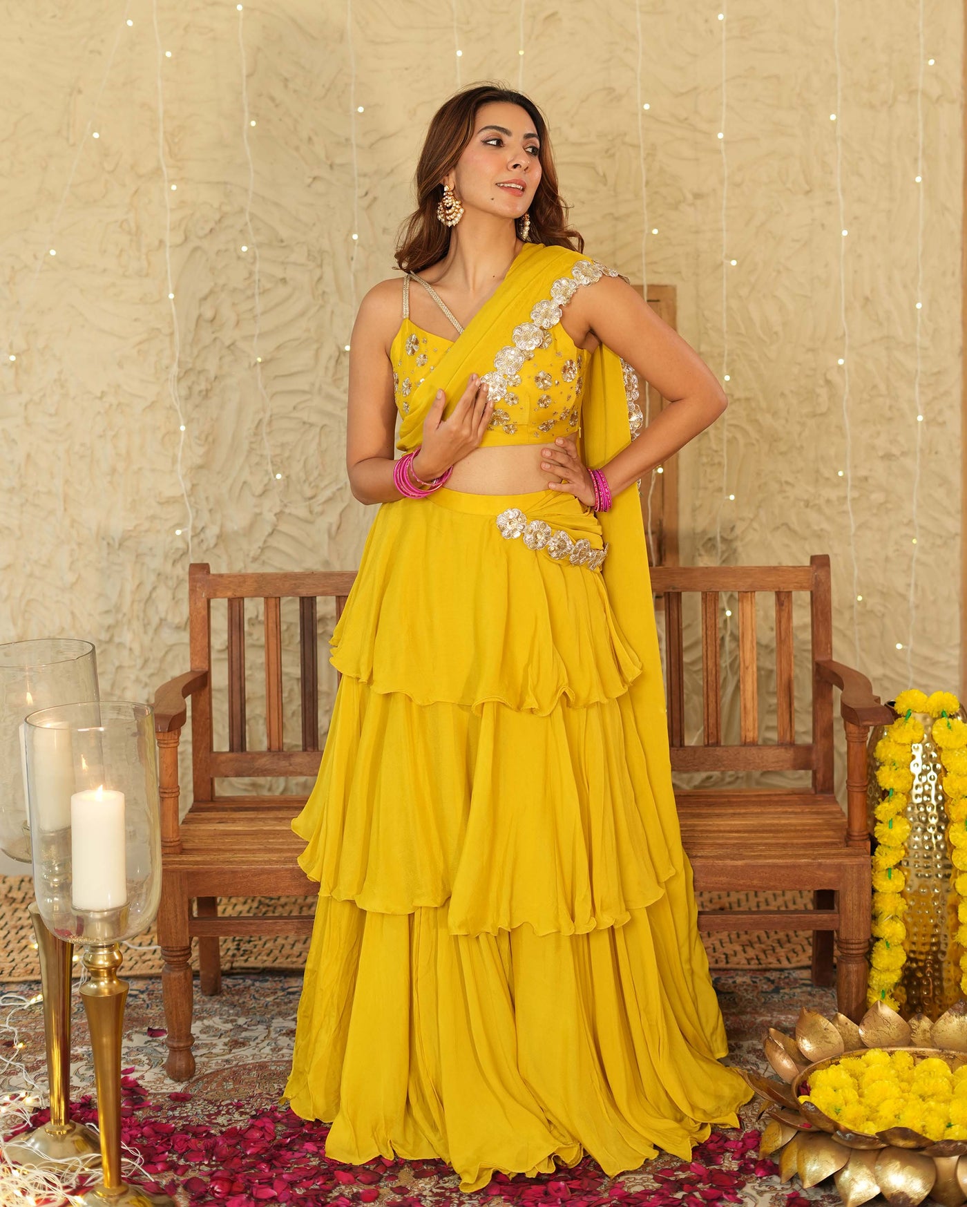 Kesar Mustard Solid Chinon Pre-draped Saree