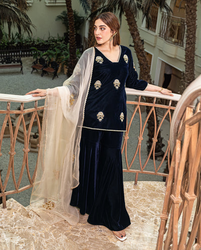 Nihayat Navy Embroidered Velvet Sharara Set