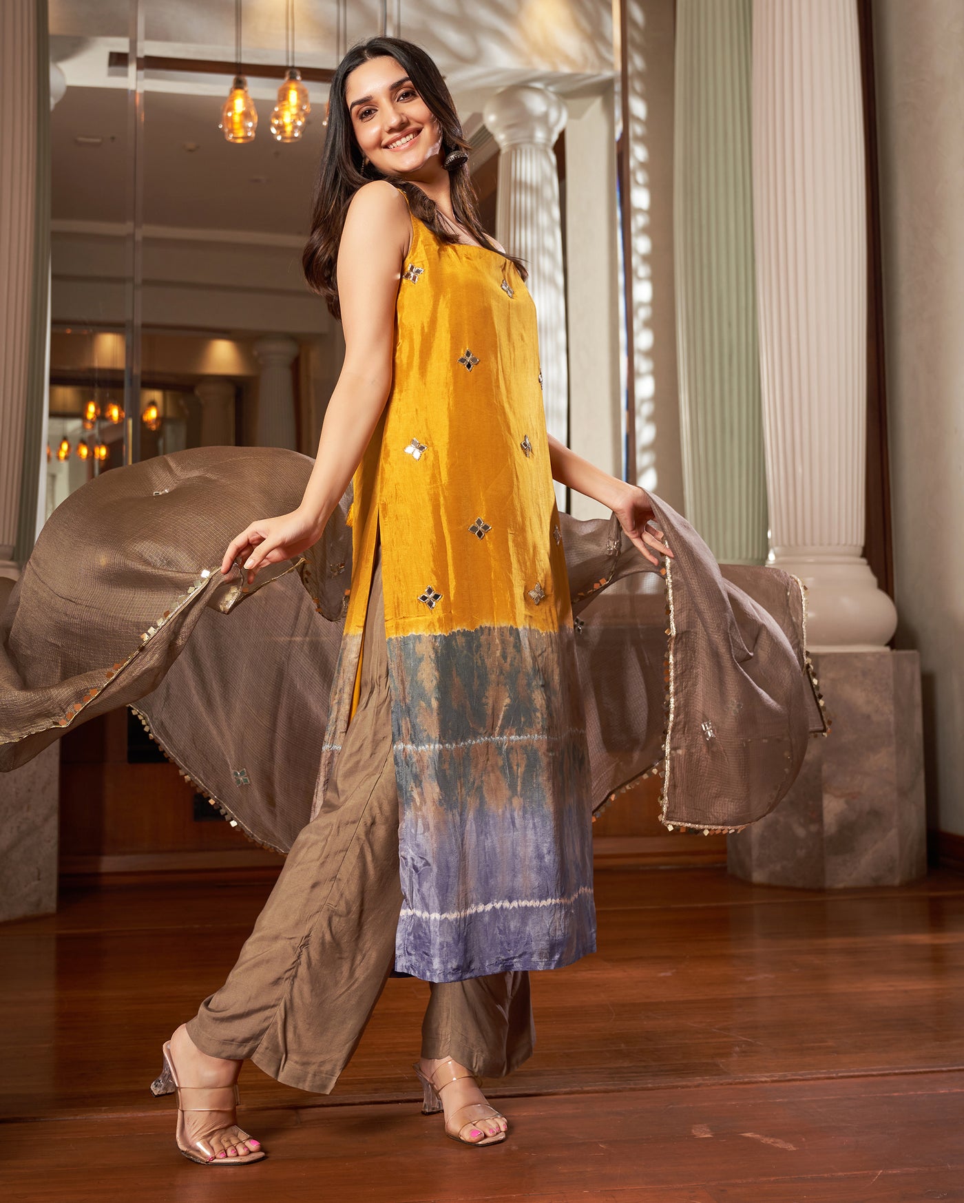 Avni Yellow Grey Tie-Dye Chanderi Suit Set