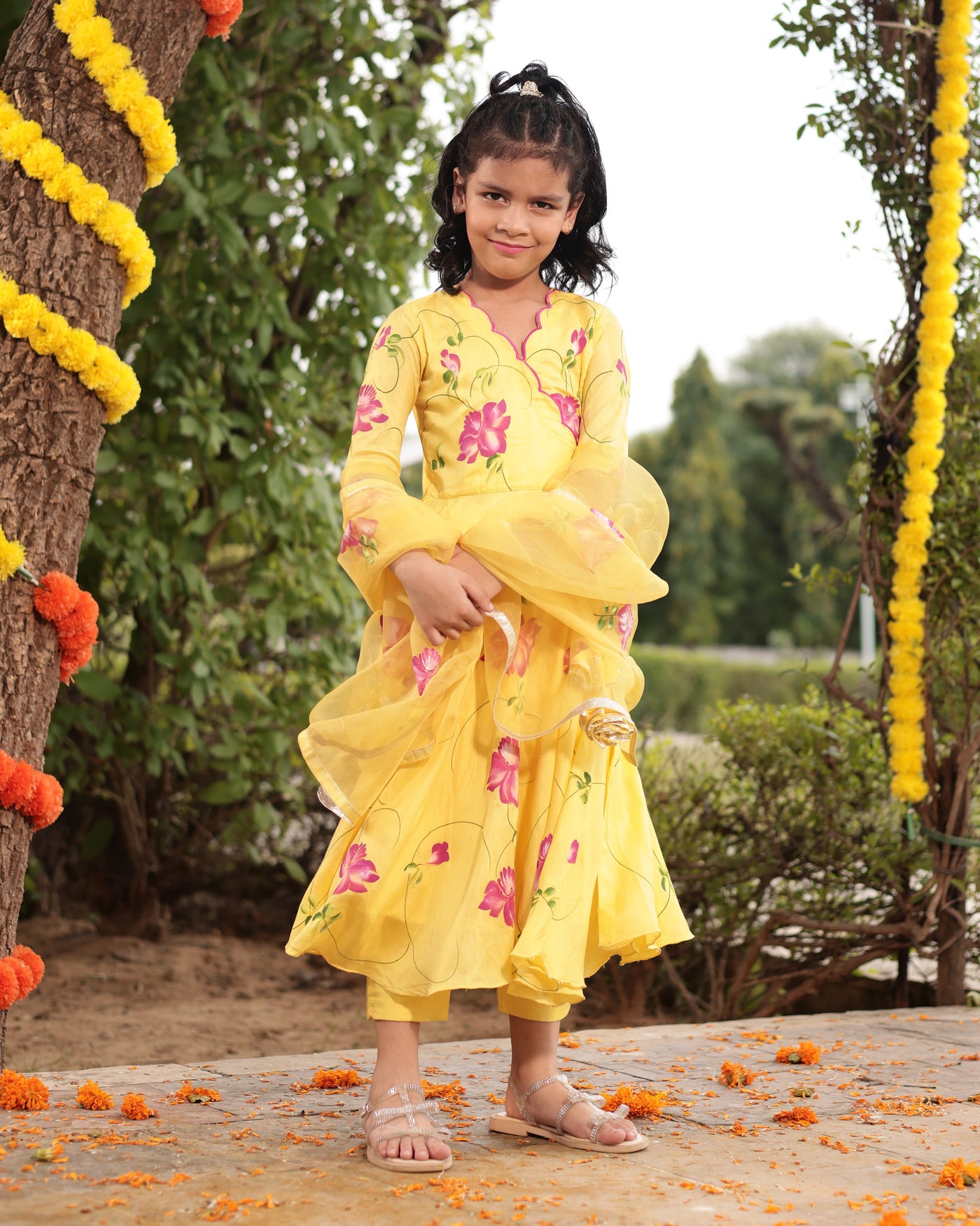 Buttercup Yellow Muslin Silk Handpainted Suit Set