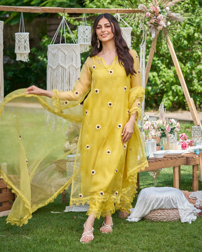 Murat Yellow Embroidered Organza Kurta Set