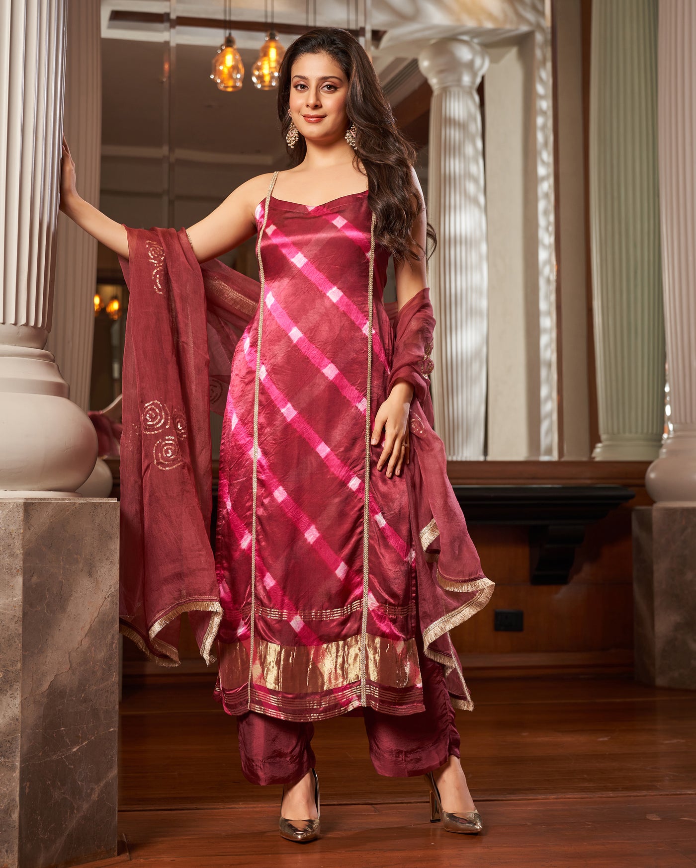 Ojas Maroon Leheriya Silk Suit Set