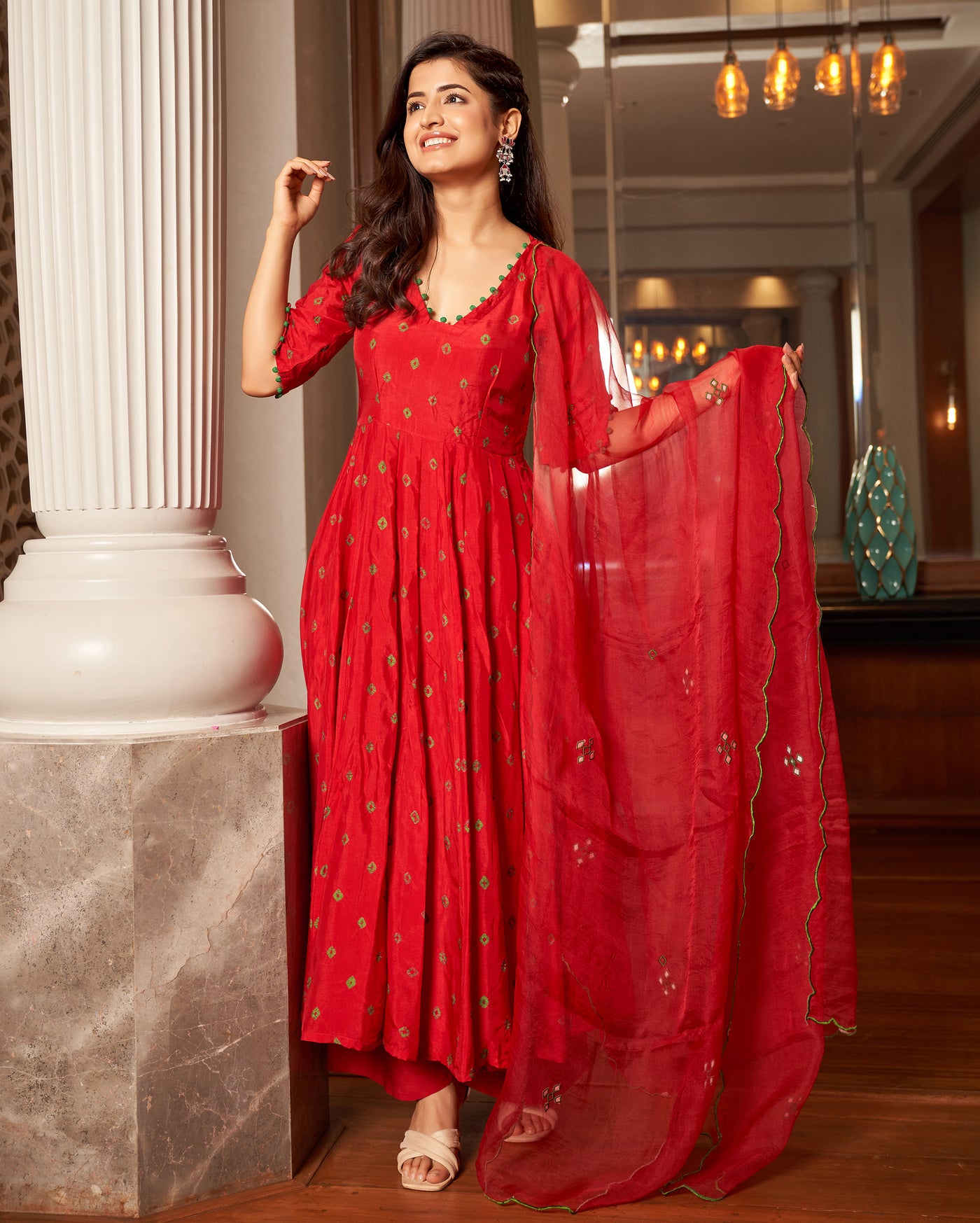 Rasa Red Bandhani Silk Suit Set