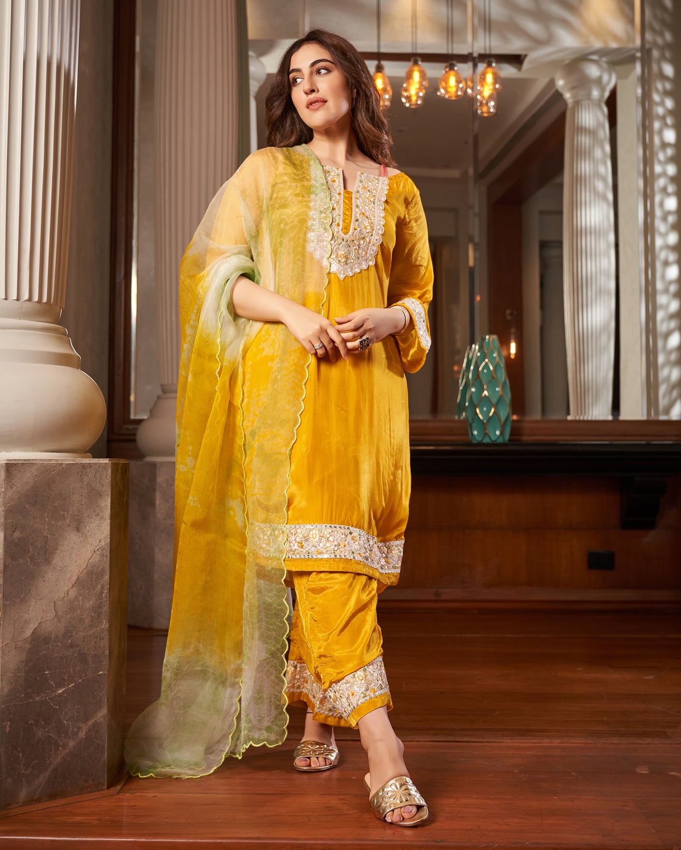 Seedit Yellow Solid Silk Suit Set