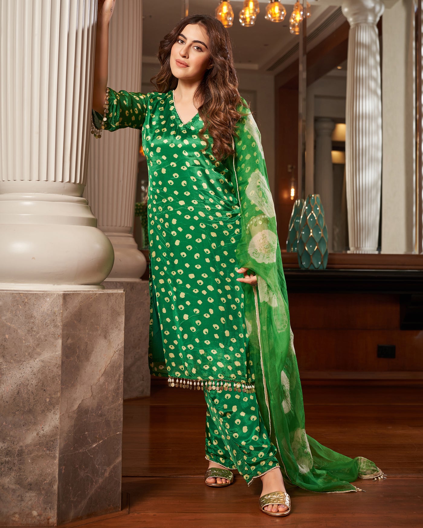 Raksika Green Bandhani Silk Suit Set