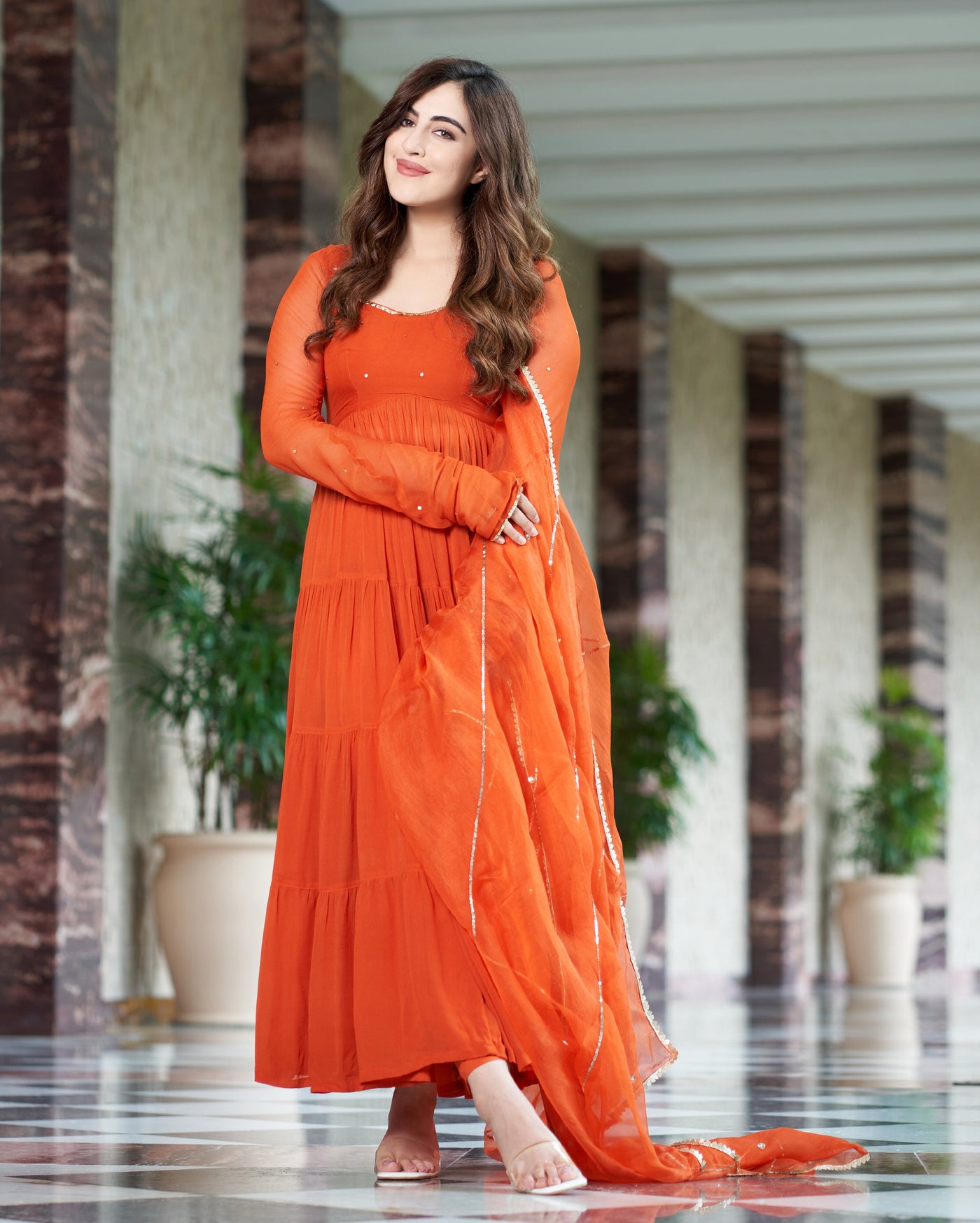 Rachna Orange Embroidered Georgette Suit Set