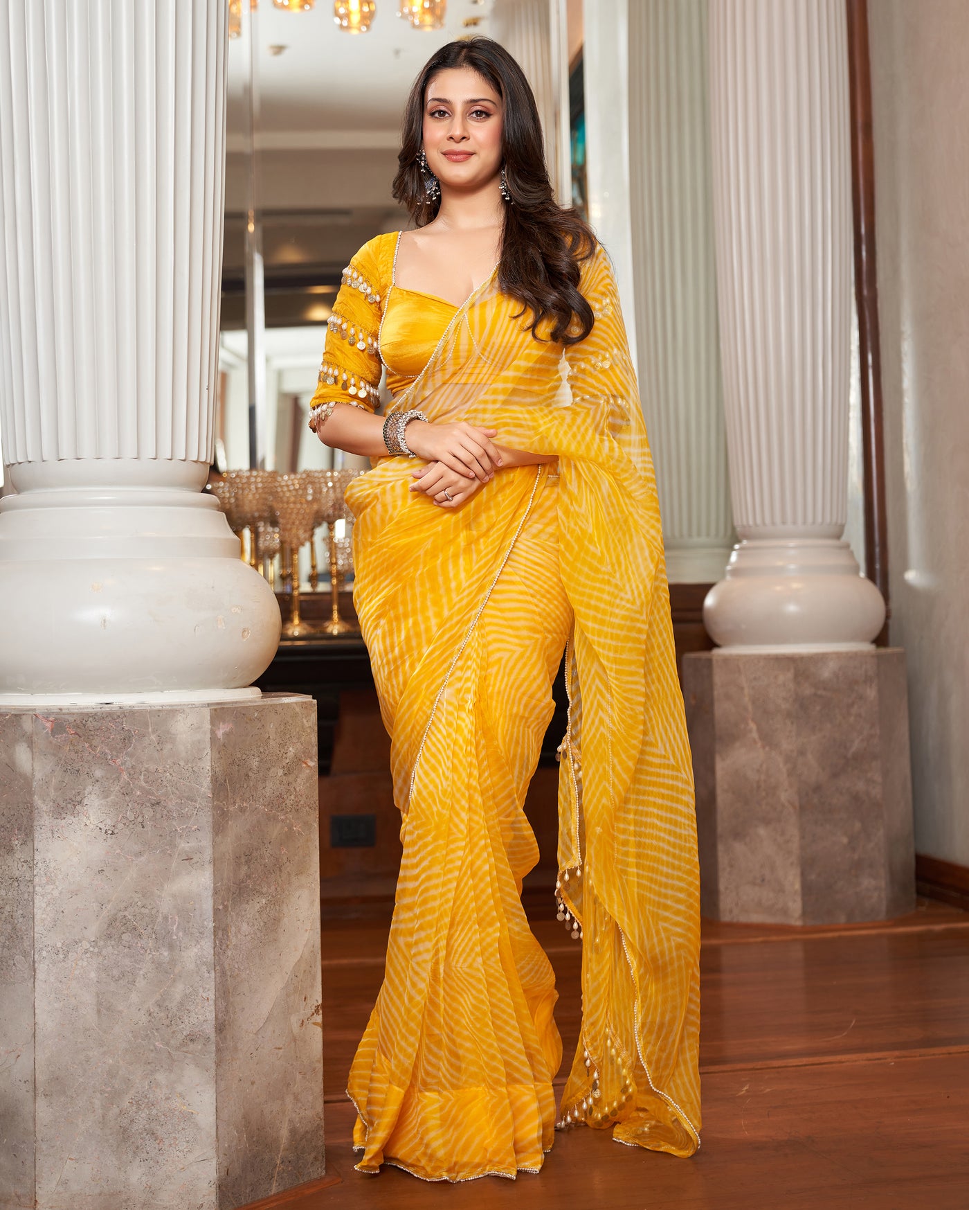 Agni Yellow Leheriya Organza Pre Draped Saree