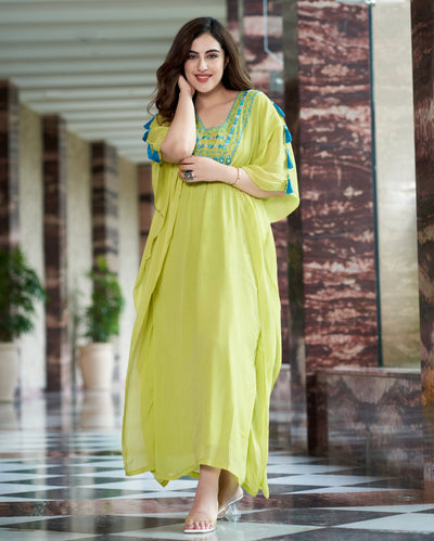 Meera Neon Green Embroidered Chinon Kaftan