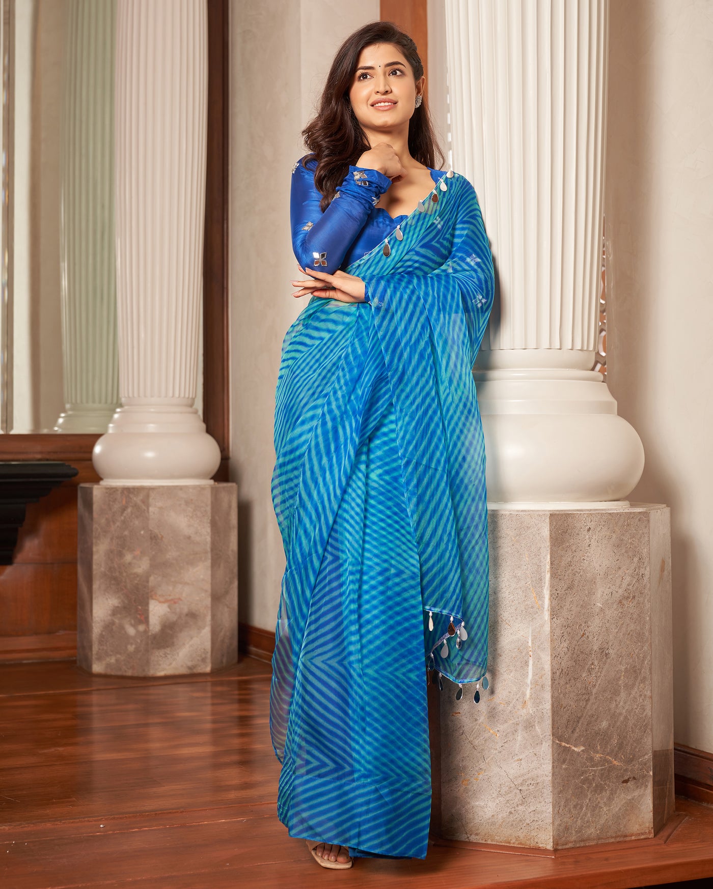 Neeru Blue Leheriya Organza Pre Draped Saree