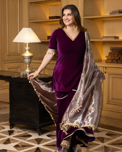 Jawahar Purple Solid Velvet Sharara Set