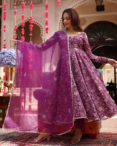 Floral Lavender Hues Printed Chanderi Suit Set