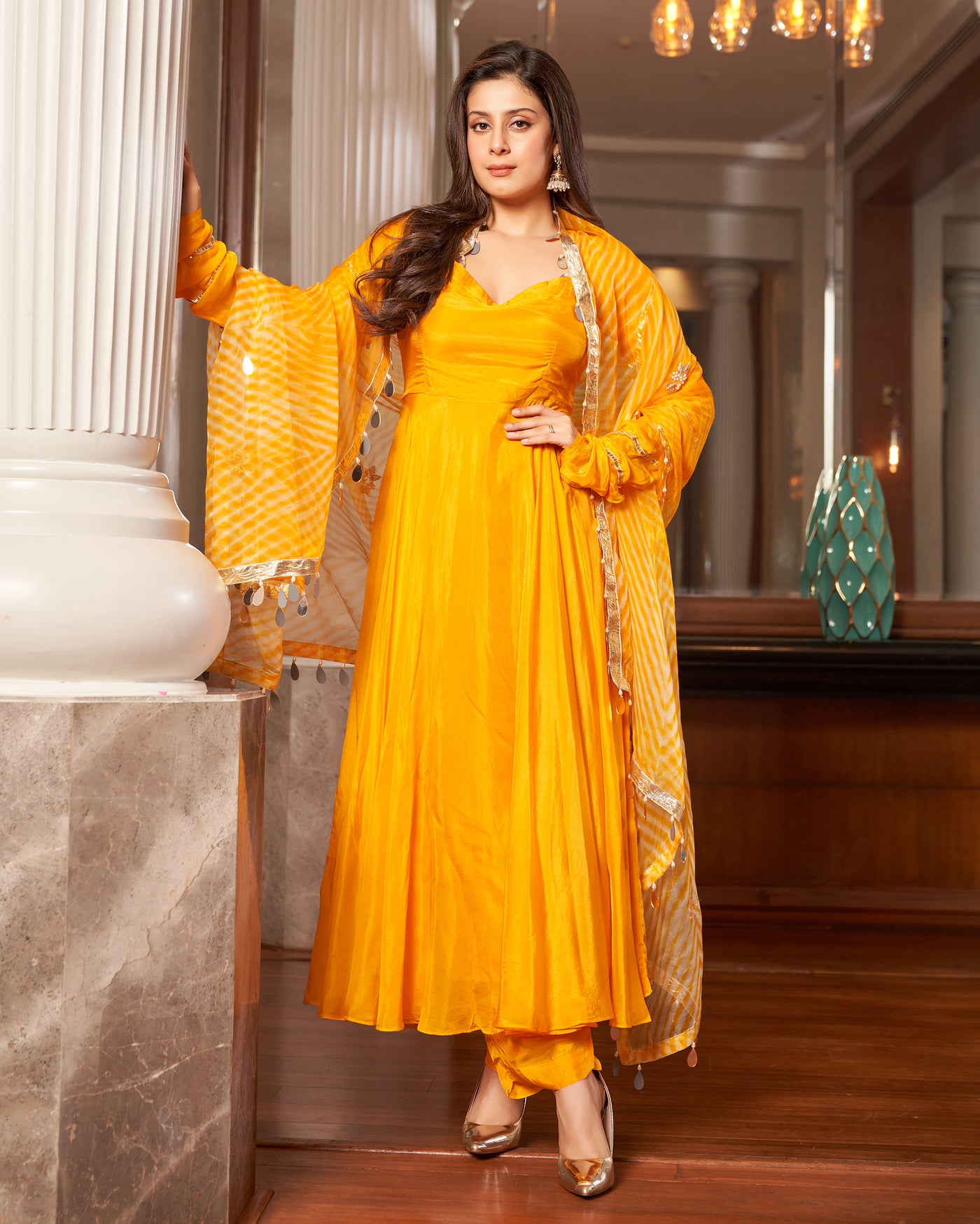 Avittam Mustard Yellow Leheriya Silk Suit Set