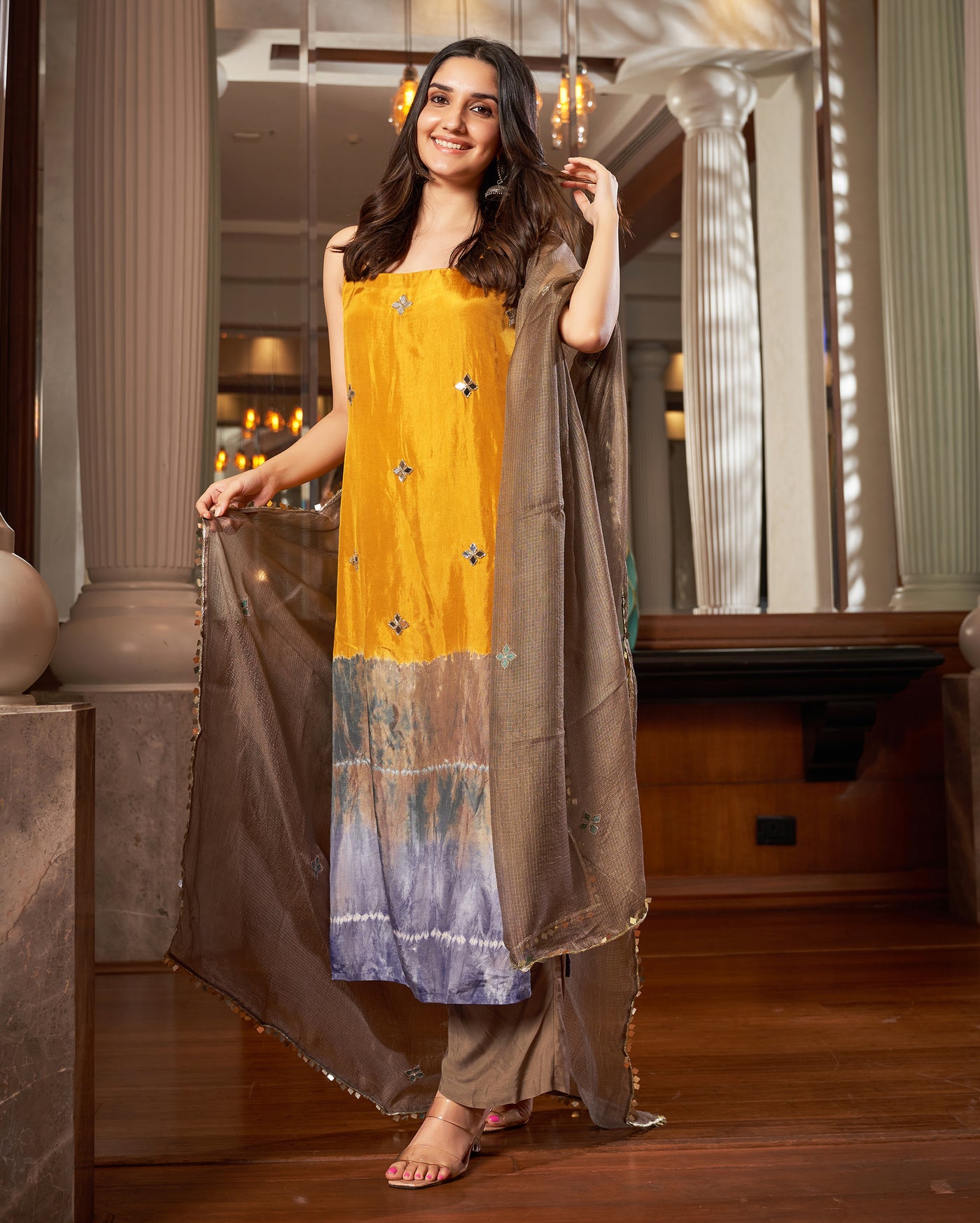 Avni Yellow Grey Tie-Dye Chanderi Suit Set