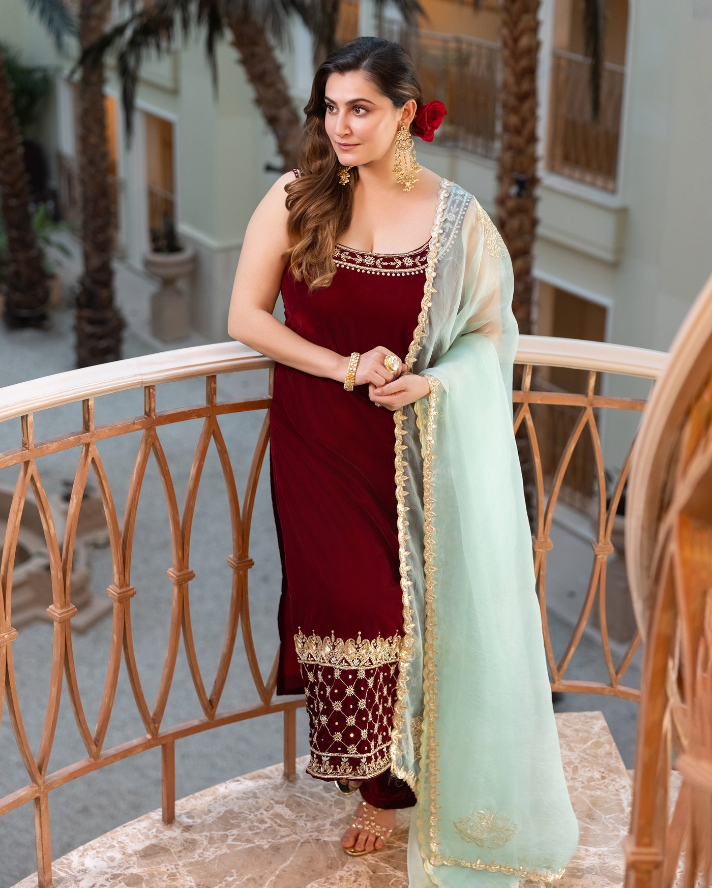 Muglahi Maroon Embroidered Velvet Suit Set