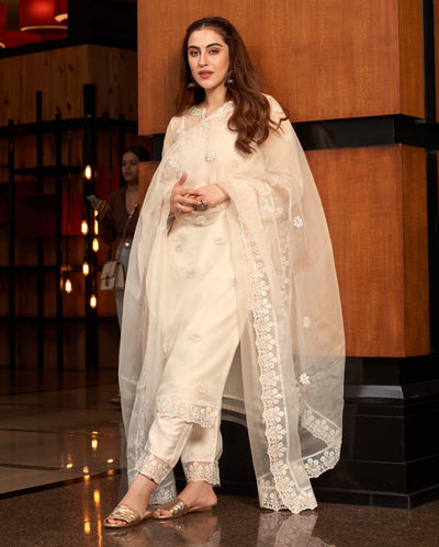 Pratha White Embroidered Organza Suit Set