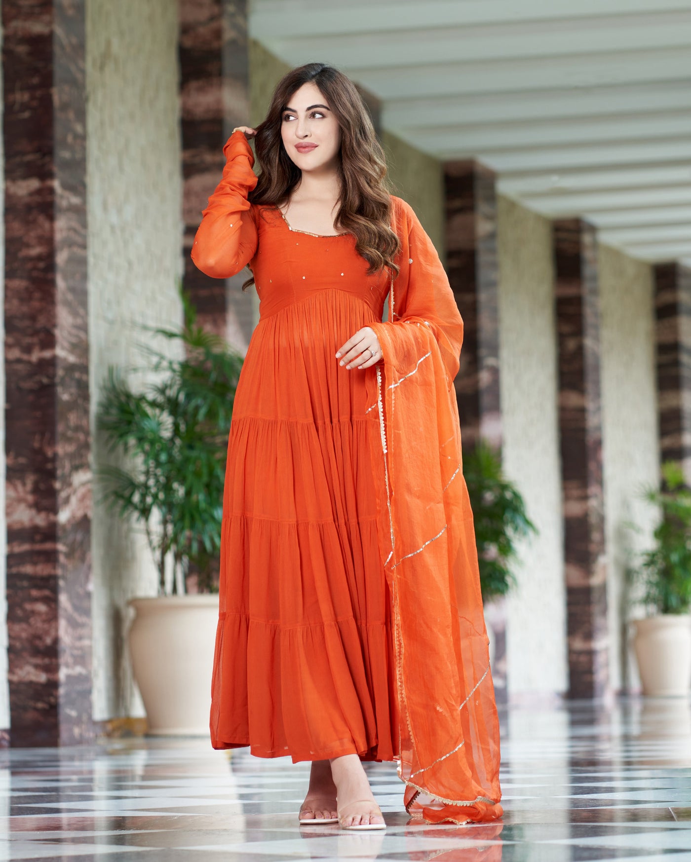 Rachna Orange Embroidered Georgette Suit Set