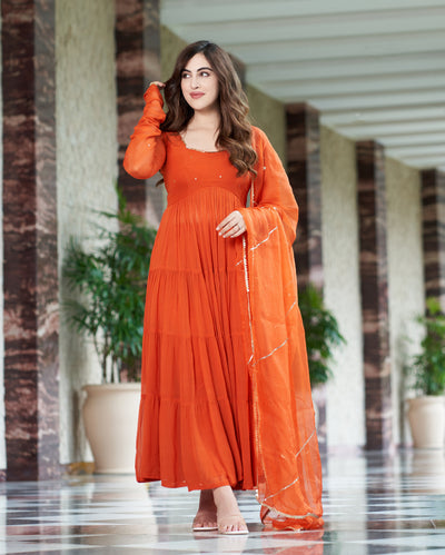 Rachna Orange Embroidered Georgette Suit Set