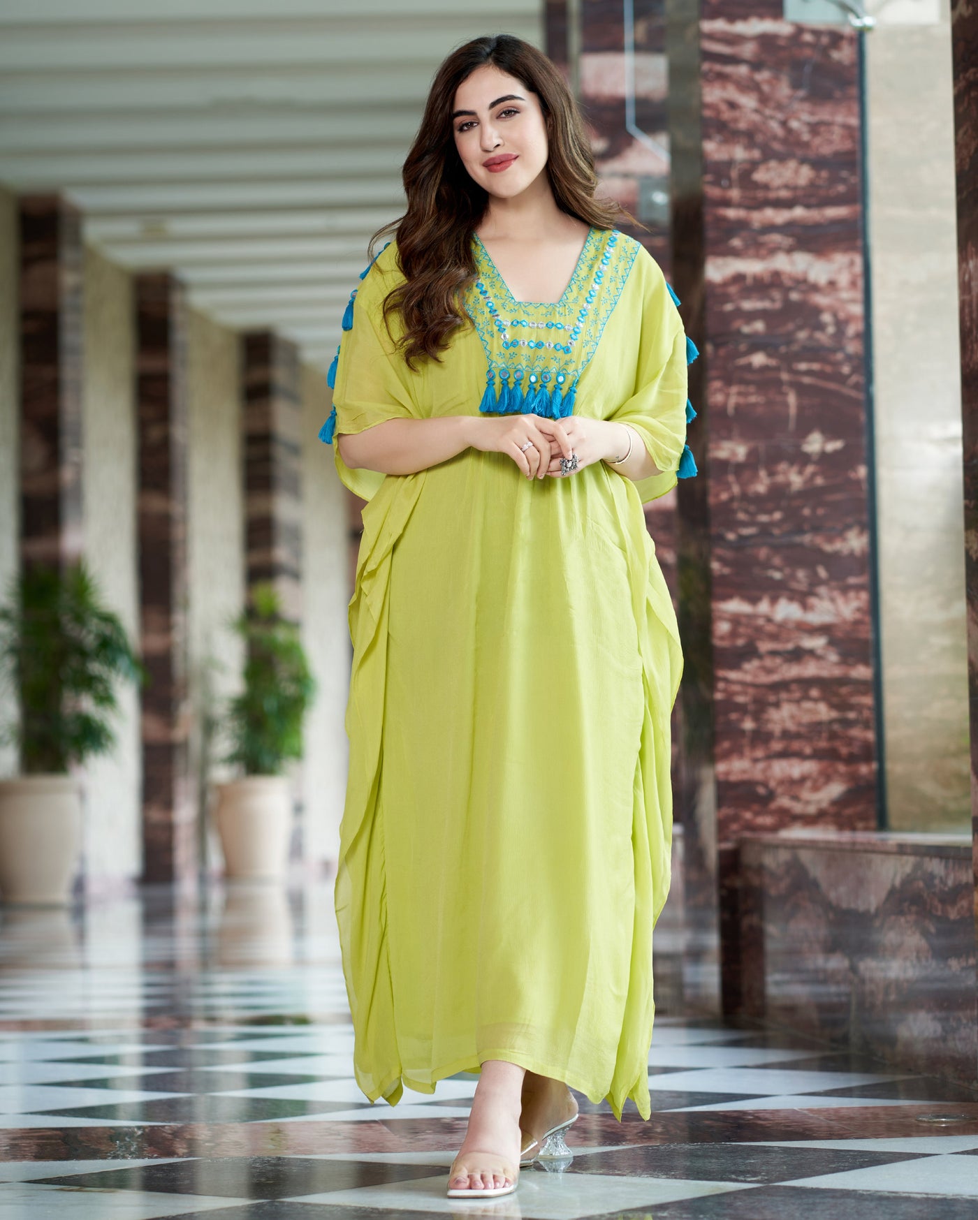 Meera Neon Green Embroidered Chinon Kaftan