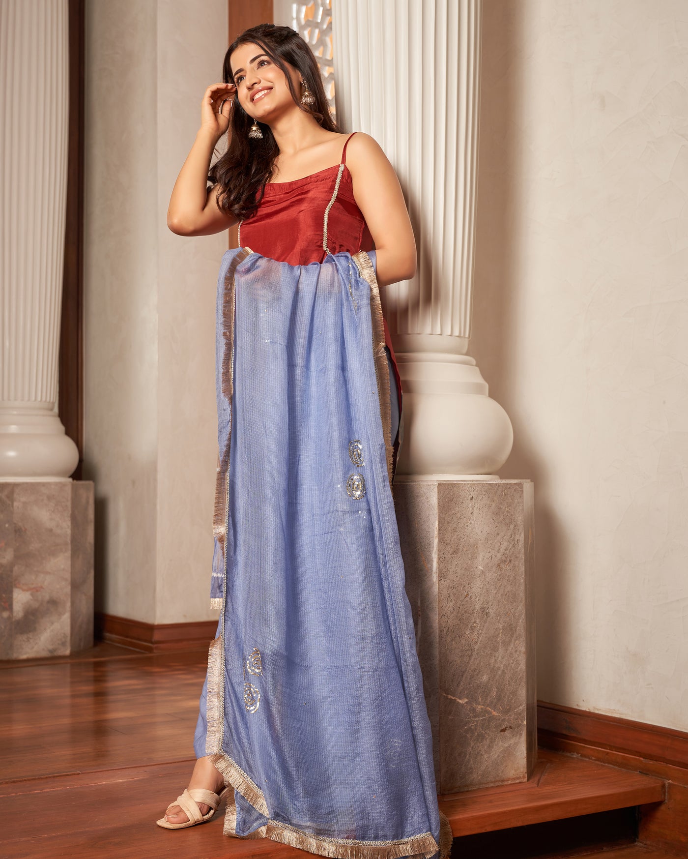 Kajari Marron Blue Tie-Dye Chanderi Suit Set