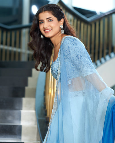 Riwaaz Pastel Blue Embroidered Chinon Lehenga Set