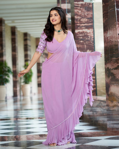 Anvita Lavender Solid Georgette Pre Draped Saree