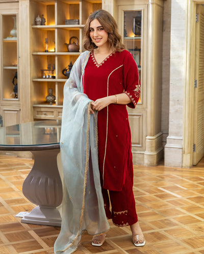 Jasper Red Embroidered Velvet Suit Set