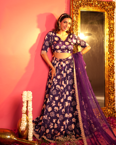 Nandani Purple Printed Satin Lehenga Set