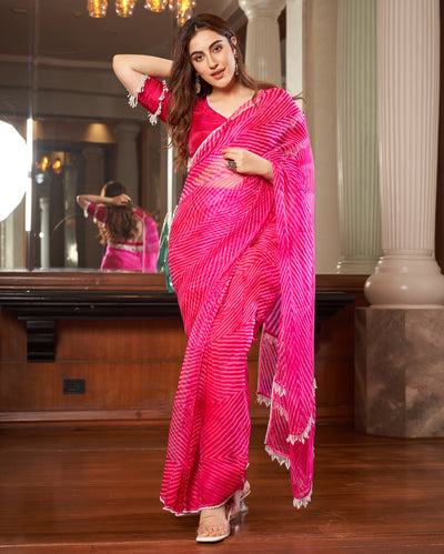 Sangam Pink Leheriya Organza Pre Draped Saree