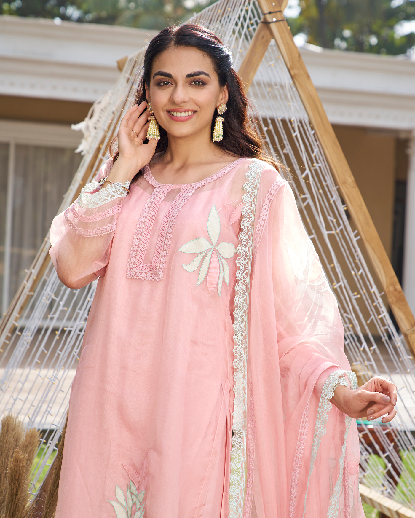 Disha Pink Applique Organza Kurta Set