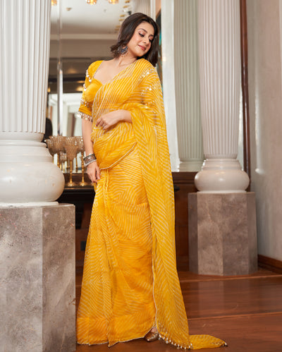 Agni Yellow Leheriya Organza Pre Draped Saree