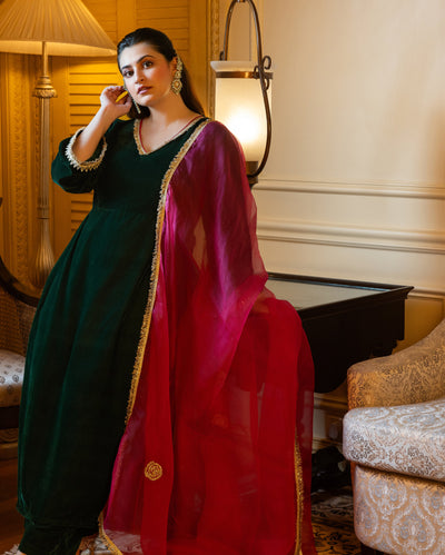 Nargis Green Solid Velvet Suit Set