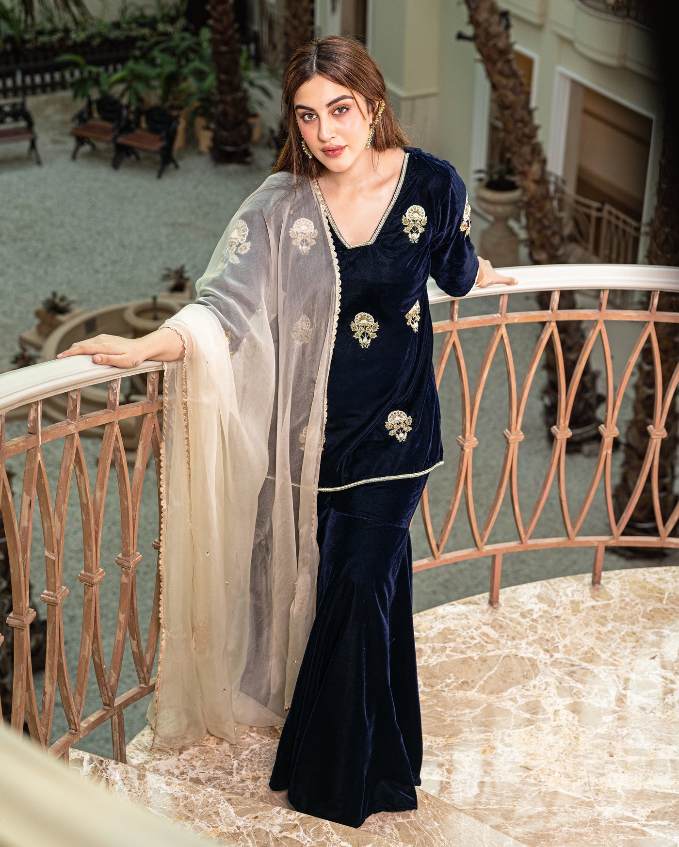 Nihayat Navy Embroidered Velvet Sharara Set