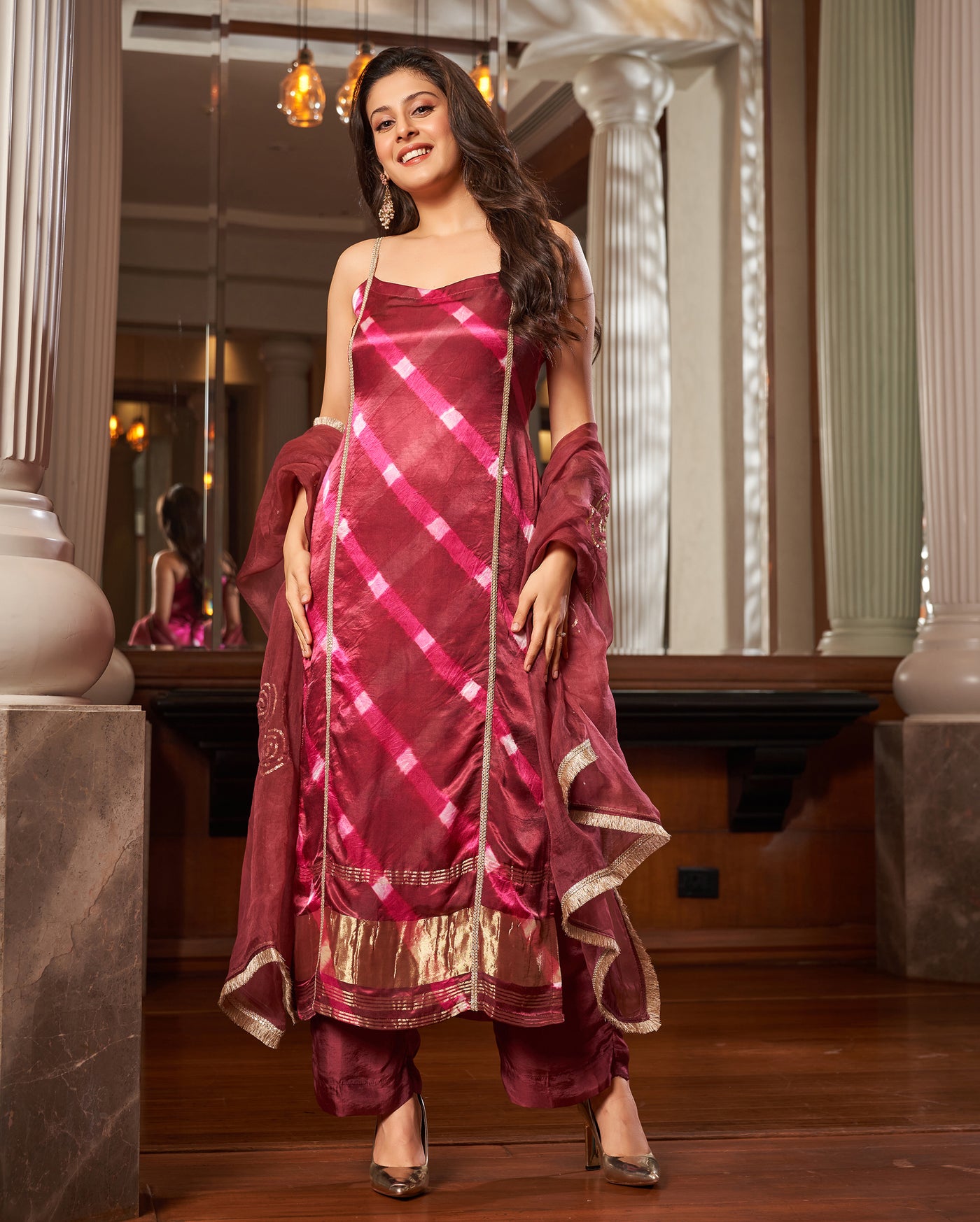 Ojas Maroon Leheriya Silk Suit Set