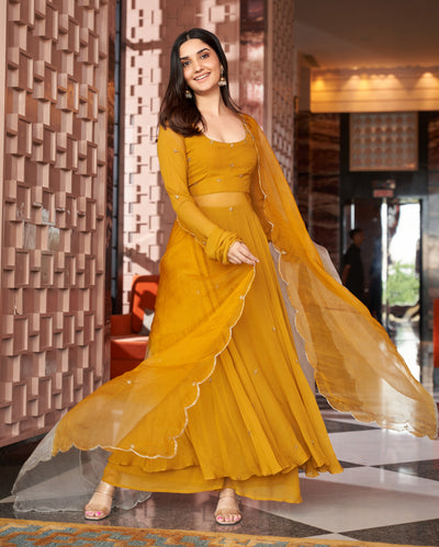 Rangat Mustard Yellow Embroidered Georgette Suit Set