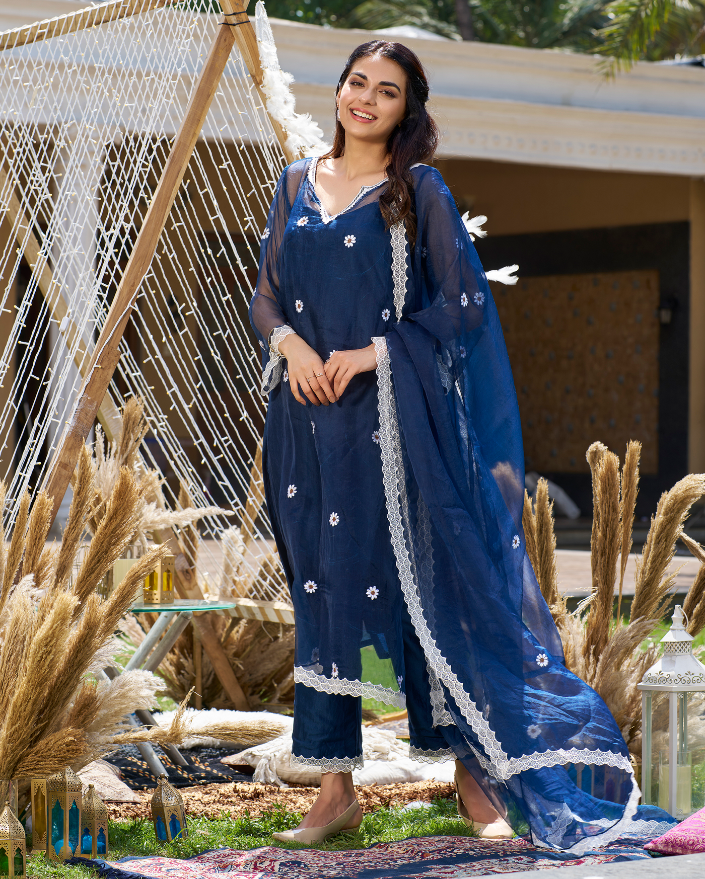 Raffia Blue Embroidered Organza Kurta Set