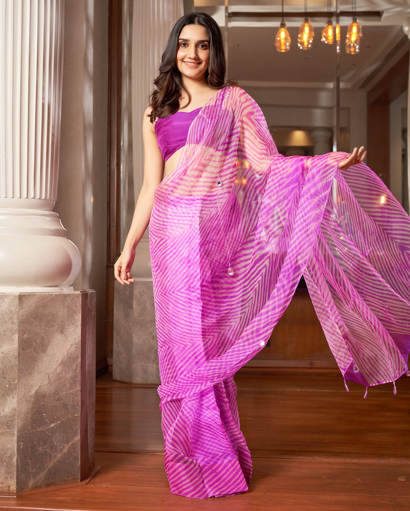 Varaha Purple Leheriya Organza Pre Draped Saree