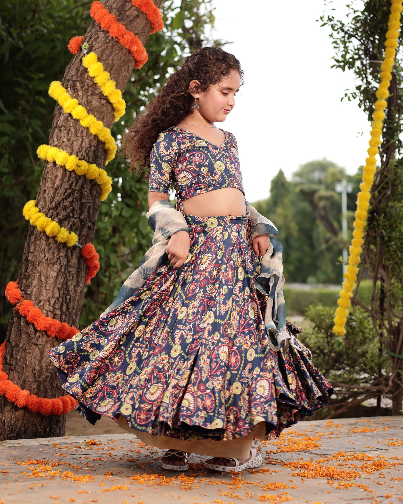 Taffy Blue Printed Embroidered Satin Lehenga Set