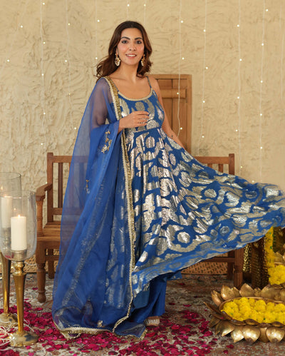 Vrinda Blue Jacquard Suit Set