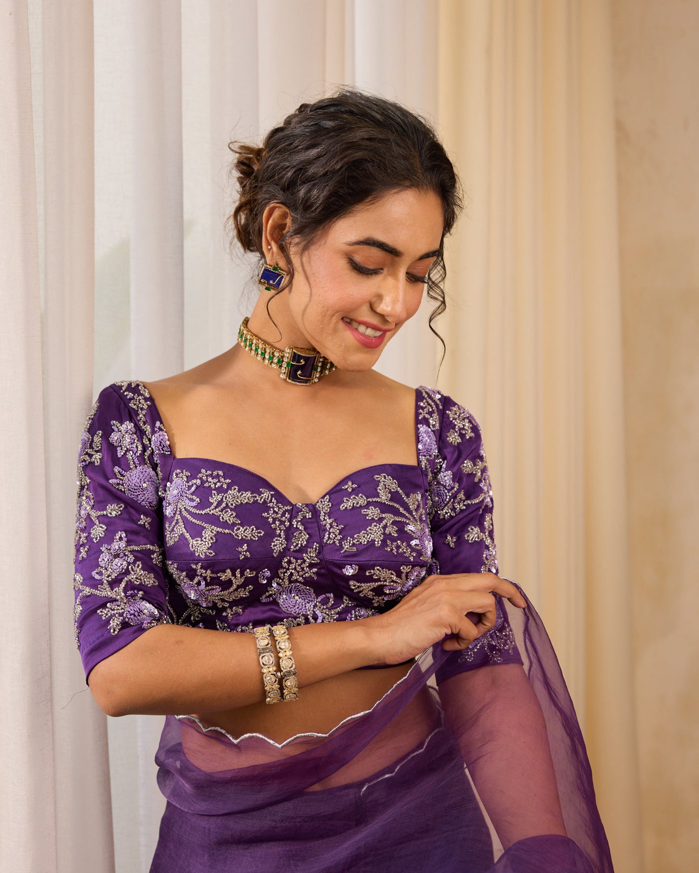 Violet Flutter Satin Embroidered Blouse