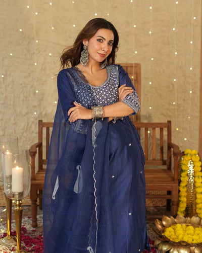 Tejaswi Blue Embroidered Chanderi Suit Set