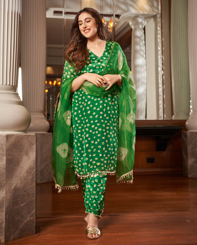 Raksika Green Bandhani Silk Suit Set