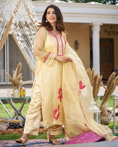 Yami Cream Applique Organza Kurta Set