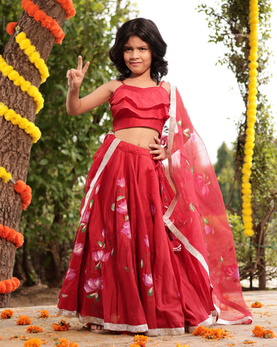 Tinsel Red Handpainted Chanderi Lehenga Set